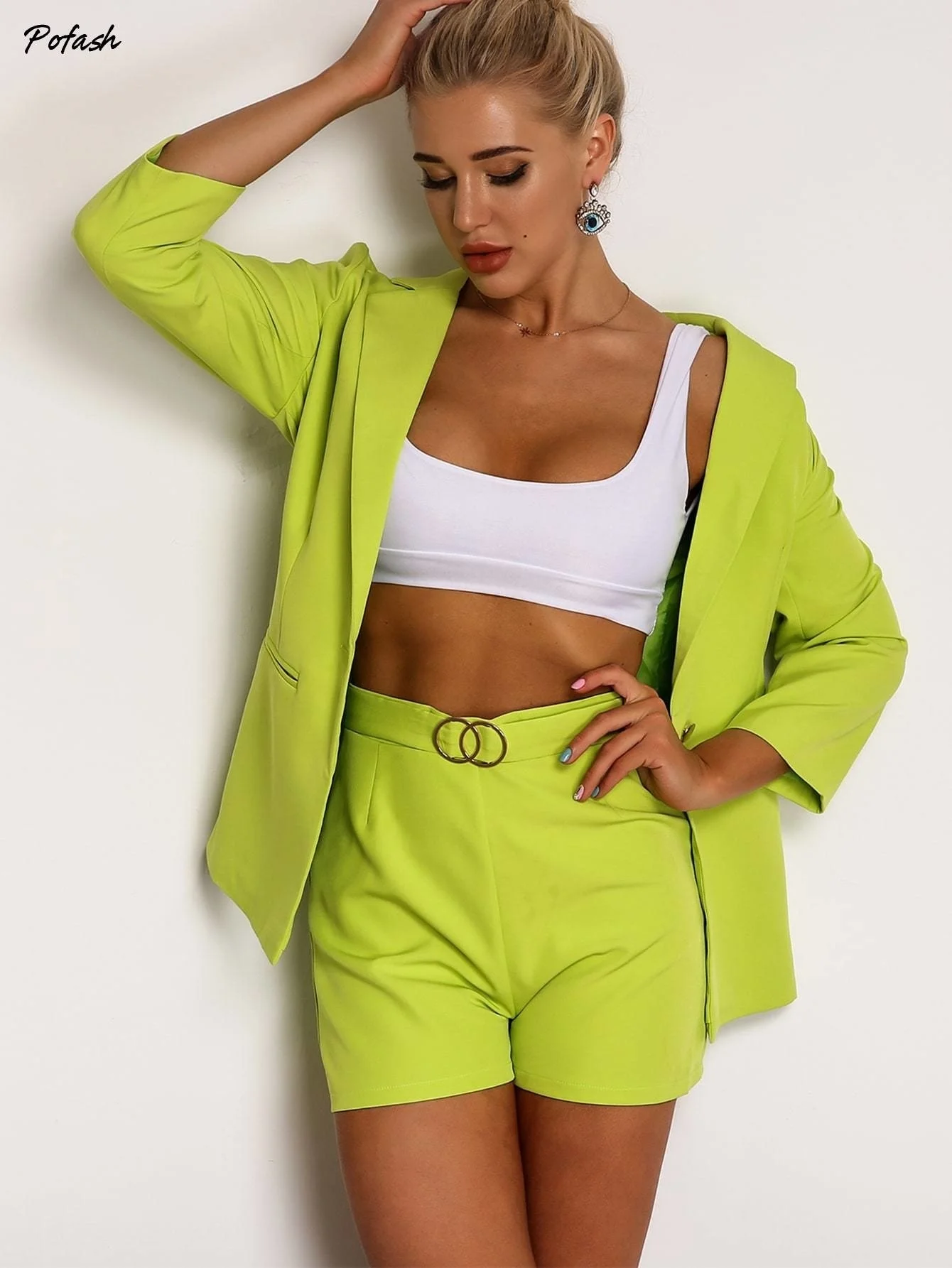 Joyfunear Neon Green Single Button Blazer & Ring Detail Short Set Joyfunear Neon Green Single Button Blazer & Ring Detail Short Set