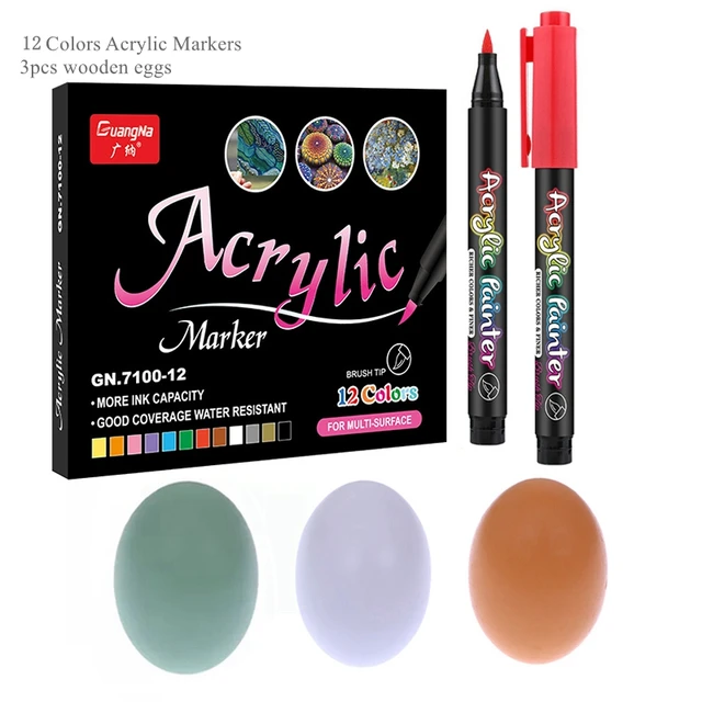 36 Colors Acrylic Paint Pens Acrylic Brush Marker Pens for Rock Painting, Stone, Ceramic, Glass, Wood, Canvas ,DIY Card Making. 12 pens-3 eggs