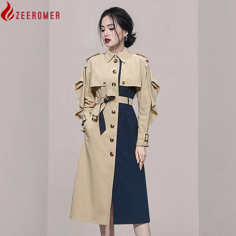 black puffer 2022 New Autumn Elegant Single-Breasted Patchwork Trench Coats Women Lace-Up Fashion Long Windbreaker Cardigans Loose Outerwear lightweight puffer jacket