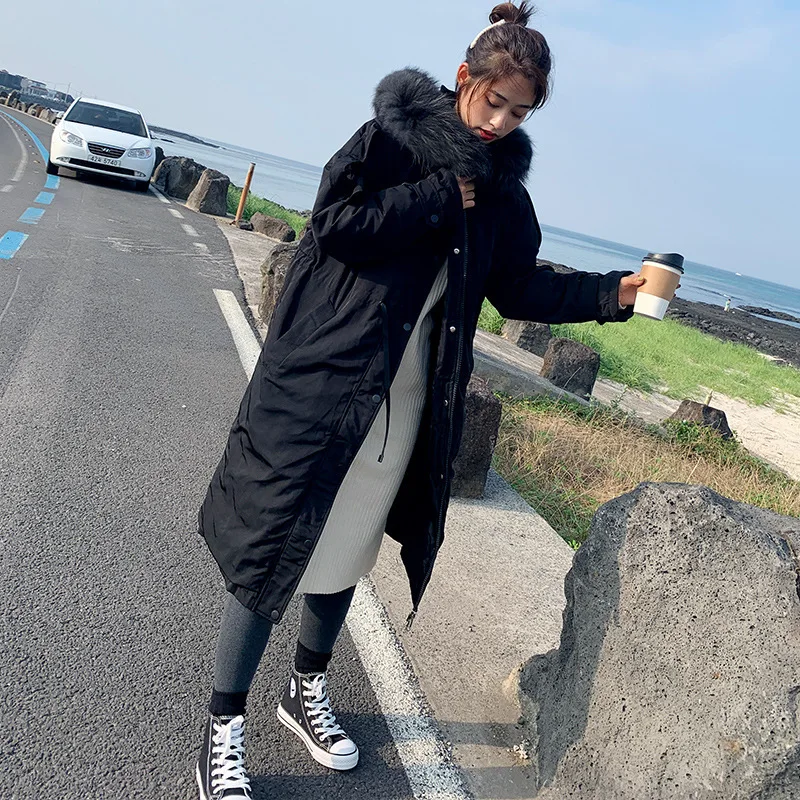 

Photo Shoot New Style Parka Long over-the-Knee Korean-style down Jacket Women's Thick Loose-Fit Slimming Warm Cotton Overcoat