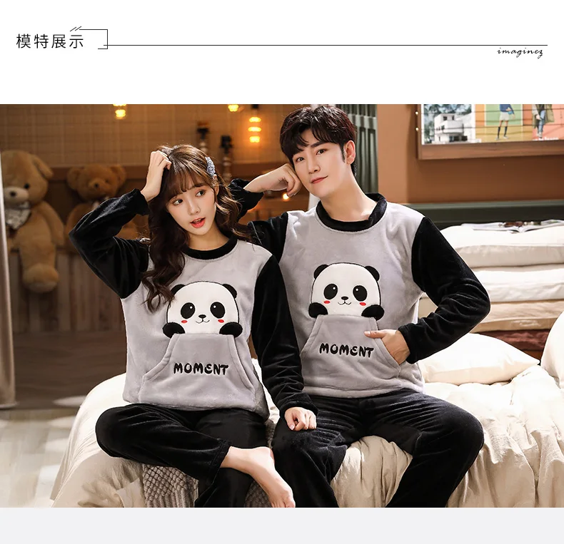 Autumn Winter Thick Warm Flannel Pajama Set For Lovers Coral Velvet Sleepwear Suit Panda Pyjamas Lounge Homewear Home Clothes men's cotton pajama pants with pockets