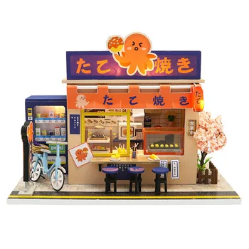 

Miniature Japanese Takoyaki Store Dollhouse LED Kits DIY Wooden Shop Furniture Model Puzzle Toy Children Birthday Christmas Gift