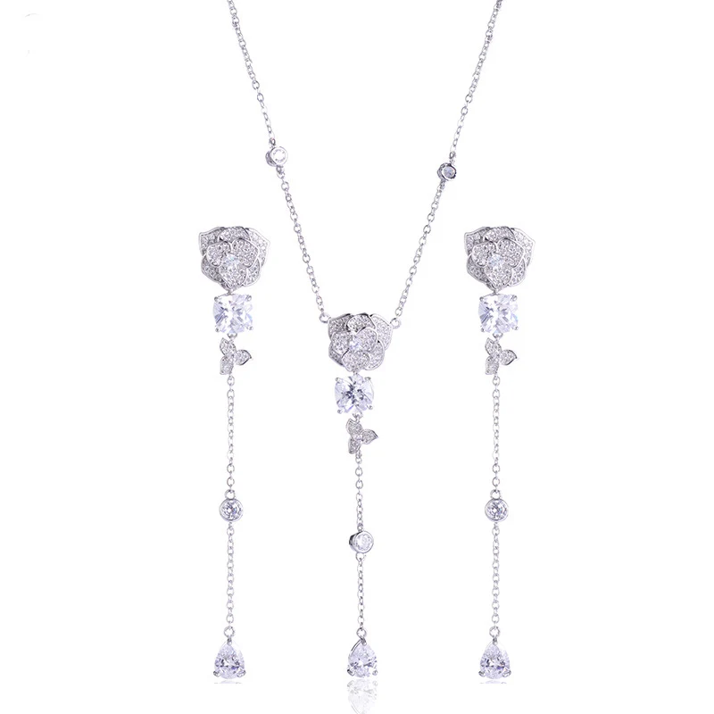 

Luxury AAA cubic zirconia micro pave setting flower butterfly clear crystal pendant necklace and drop earrings set
