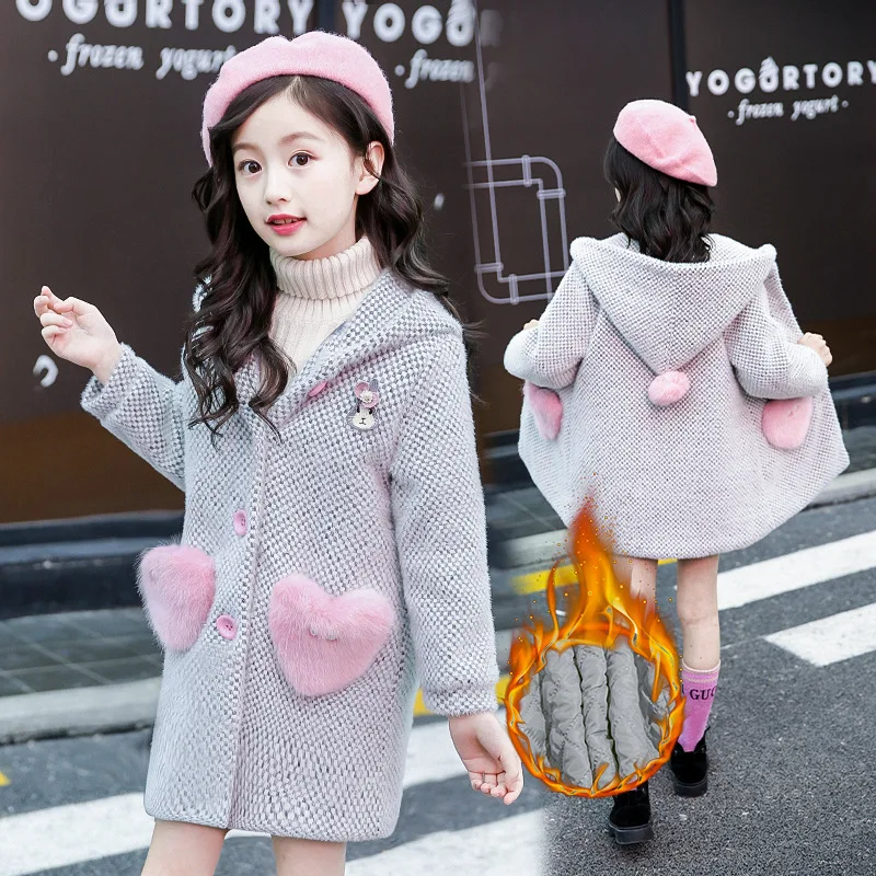 

Girl'S Small Plaid Plush Overcoat Middle And Large Children Students Mid-length Thick Warm Hooded Trench Coat