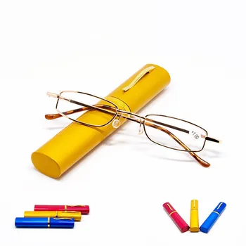 

Unisex Reading Glasses with Pen Tube Case Portable Presbyopic Glasses Metal Case Spring Hinge Eyeglasses Vision Care +1.00~+4.00