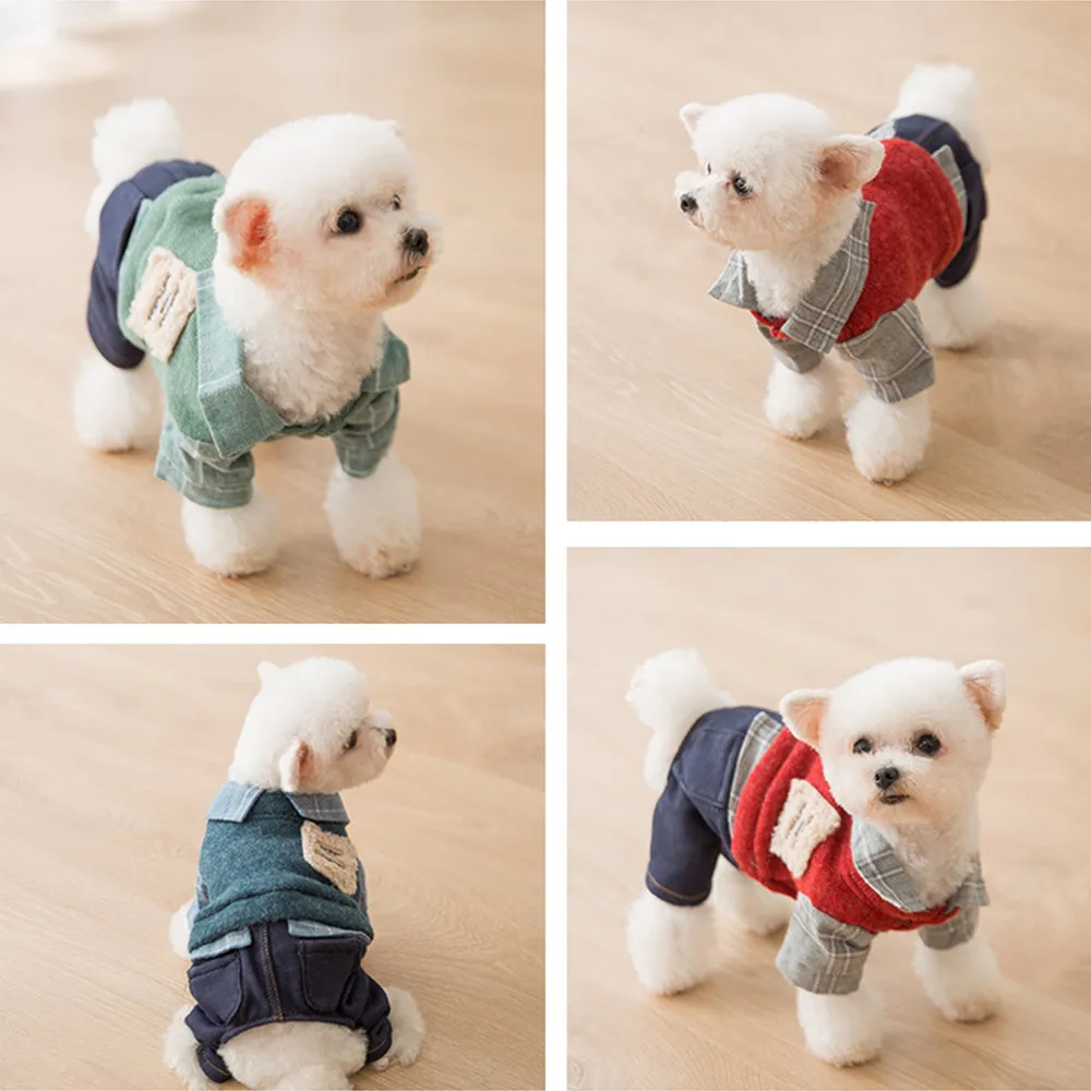 

Miflame Patchwork Denim Dog Sweater Four-legged Pet Sweatshirt For Dog Clothes Couple Pomeranian Bichon Clothes Autumn Winter
