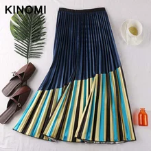 KINOMI/Новинка года; сезон весна-лето; разноцветная плиссированная юбка в полоску с высокой талией; женские длинные юбки трапециевидной формы с эластичной резинкой на талии для женщин