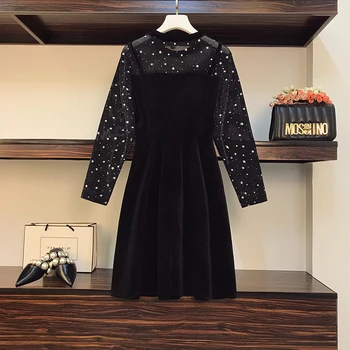 

plus size sexy mesh dress women vestidos elegant vintage long sleeve patchwork shiny autumn dress loose casual female dresses