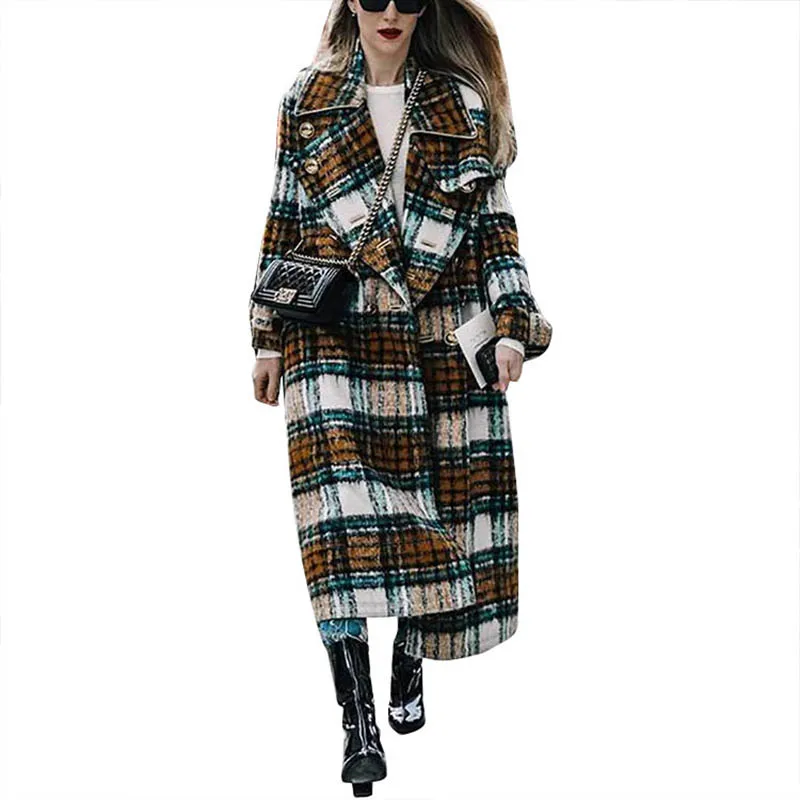 Photo Color Coat Female Autumn Winter Woolen Plaid Pattern Coats Long Sleeve Coat Casual Thick Warm Wool Jacket Female Outwear - Цвет: Photo Color