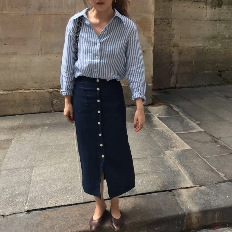 

Women Summer High Waist Cotton Linen Pencil Skirt Dark Blue Single Breasted Faldas Mujer Moda 2019 Vintage Jupe Longue Femme