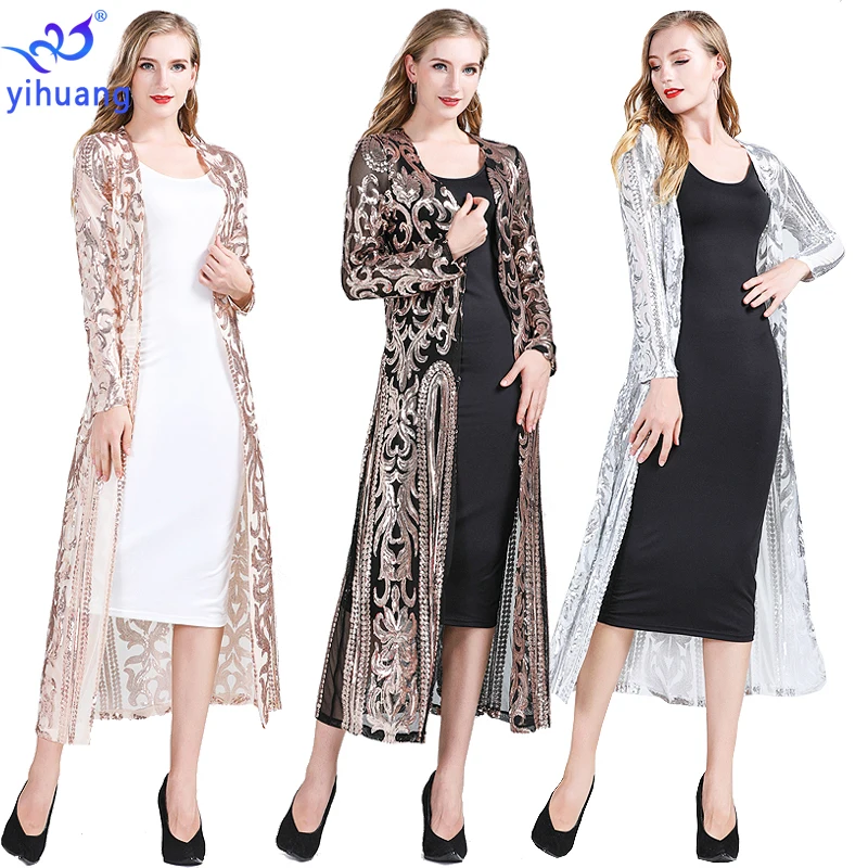 Preise Mode Neue frauen Kleidung Lange Pailletten Vorne Offen Lange Hülse Mesh Strickjacke Bluse Abdeckung Mantel Abend Prom Party Tops geschenk