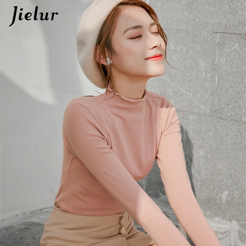 

Футболка Jielur с высоким воротником, женская, повседневная, в стиле Kpop, осенняя футболка с длинным рукавом, облегающий базовый топ, женская футболка XXL