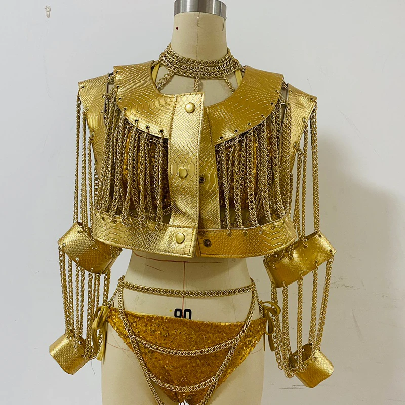 Sexy Outfits For Women Crocodile Leather Gold Coat Hollow Chain Bikini Sets Drag Queen Costumes Stage Festival Wear DN10679 |