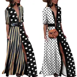 Модное женское Платье макси с цветочным рисунком полурукав вечернее платье в горошек в полоску, белые, черные вечерние летние длинные