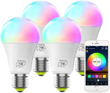 

LED Smart WiFi Bulb No Hub Required,Dimmable Multicolor E26 7W(60w Equivalent)Compatible with Alexa Google Home and Siri(4 Pack)