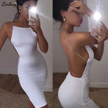 

LINLING Short Dress For Women Pure Color Spaghetti Straps Backless vestidos Sexy Slim Evening Dress 2020