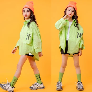 

Kids Hip Hop Clothing Clothes for Girls Green Coat Crop Tank Tops Short Pants Jazz Dance Costumes Ballroom Dancing Street wear