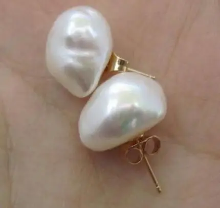 

>>>>noble jewelry charming sea baroque 10-11mm white pearl earring 14K/20 YELLOW GOLD