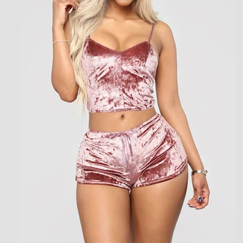 

US Fashion Women 2pcs Velvet Sleepwear Sexy Spaghetti Strap Velvet Shorts Pajama Set Sleepwear Ladies female Pajama Party Set