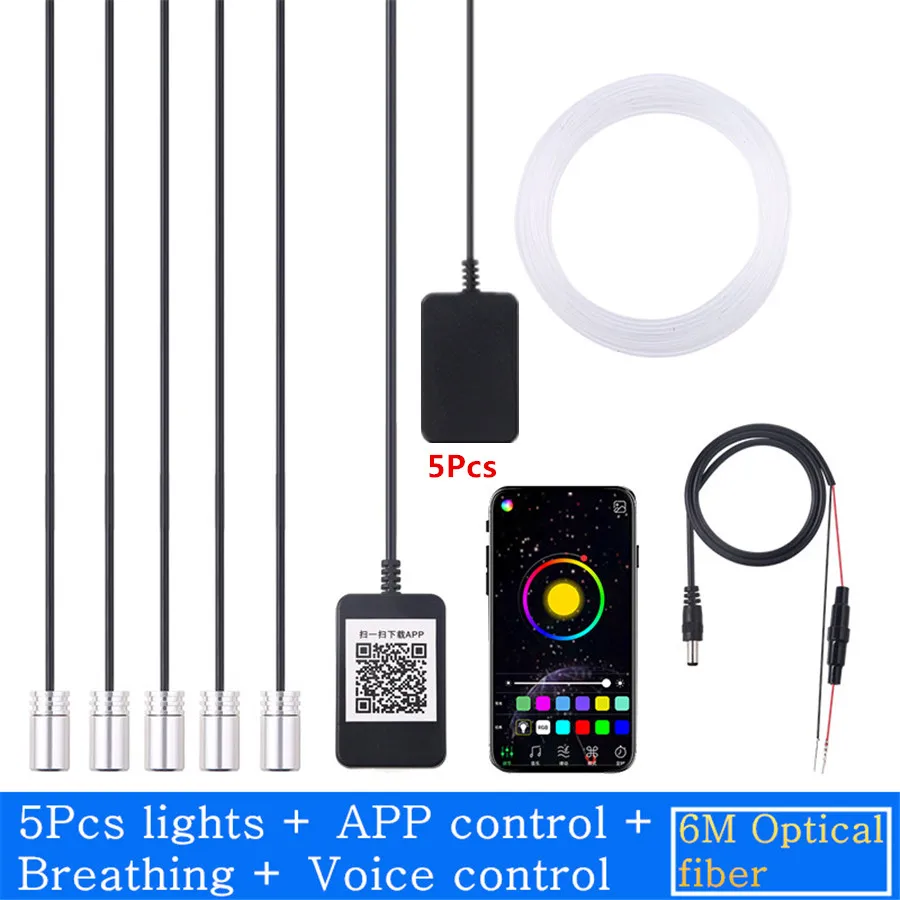 

5pcs Wireless NO Threading Threading Thread-free Ambient Light APP Control 6 Meter Soft Reset Optic Fiber Band Decorative Light