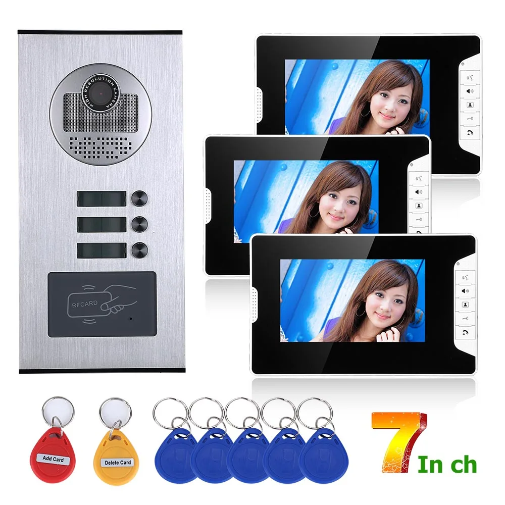 Wired Home 7 inch TFT Color Video Intercom Door Phone System RFID Camera Metal 71000TVL with 3 Monitor for Multi Apartments