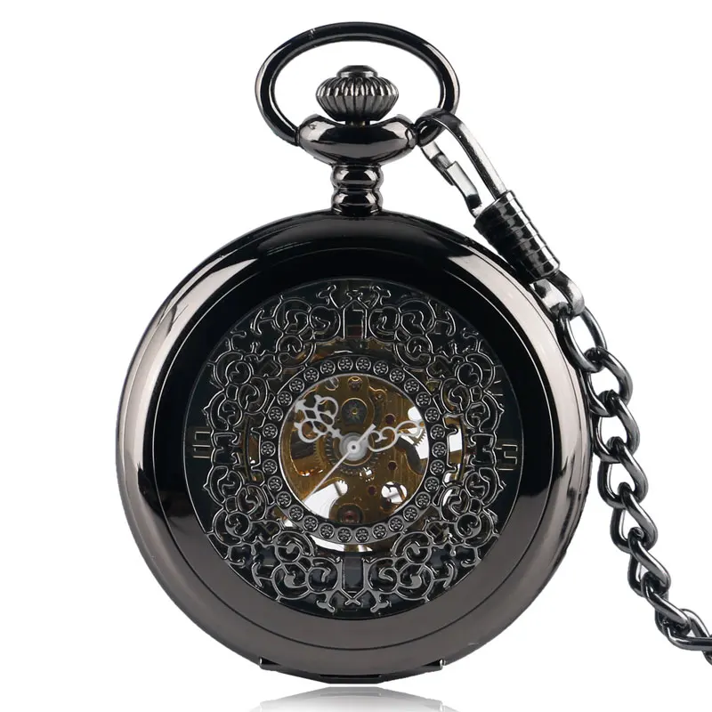 Retro Hollow Out Black Mechanical Pocket Watch Gifts Set Jewelry Box Necklace Chain Pendant Christmas Gifts for Men Women Friend