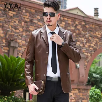 

New Mens Faux Fashion Formal Suit Button-Front Solid Business Men Blazer PU Leather Homme Jackets Free Shipping