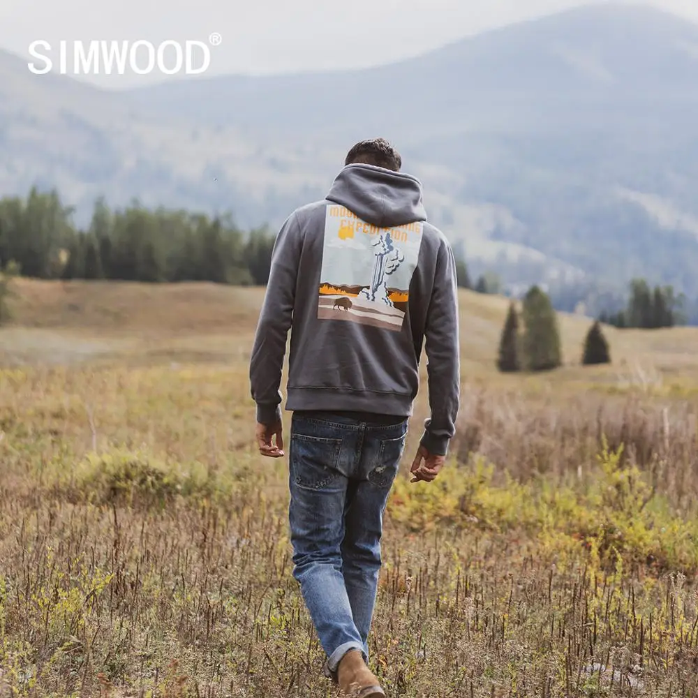 SIMWOOD осень зима новые теплые флисовые толстовки с капюшоном Мужские толстовки с принтом сзади для бега винтажный спортивный костюм 047