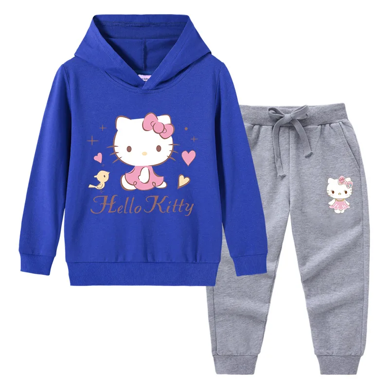 thumbnail image 1 of Hello Kitty-suéter con capucha y cuello alto para niños, pantalones de dos piezas con dibujos animados para niño, traje deportivo informal de manga larga de algodón puro, 1 of 5