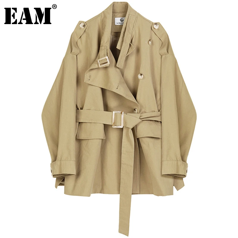 [EAM] Women Khaki Bandage Big Size Trench New
