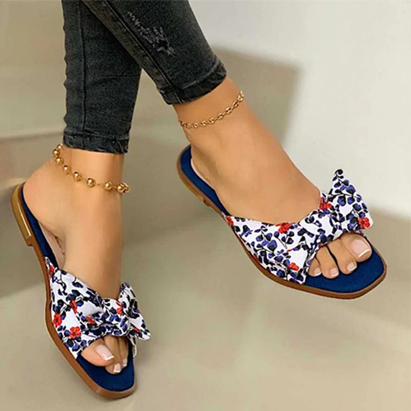 Women Slippers Ladies Bowknot Floral Flats Women