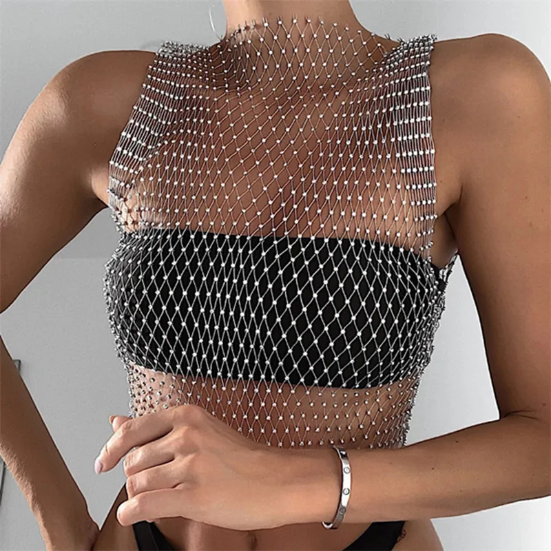 Fishnet Rhinestone Crop Top 2022 