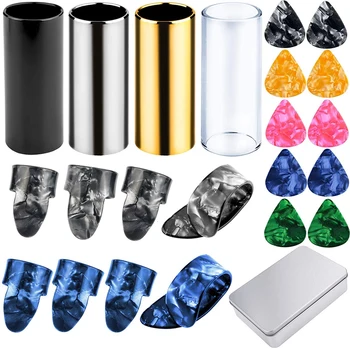 

4 Pieces Medium Guitar Slides(Include 3 Colors Stainless Steel, 1 Pieces Glass), 10 Pieces Guitar Picks and 8 Pieces Plastic Thu
