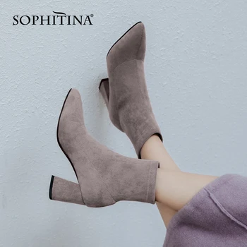 

SOPHITINA Women's Boots Fashion Elegant Flock Internal Leather Ankle Boots Pointed Toe Square Heel Temperament Women Shoes SO628