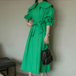 Весенне-осеннее пальто для женщин Длинная Элегантная Верхняя одежда Тонкий Большой лацкан пальто тонкий зеленый длинный Тренч