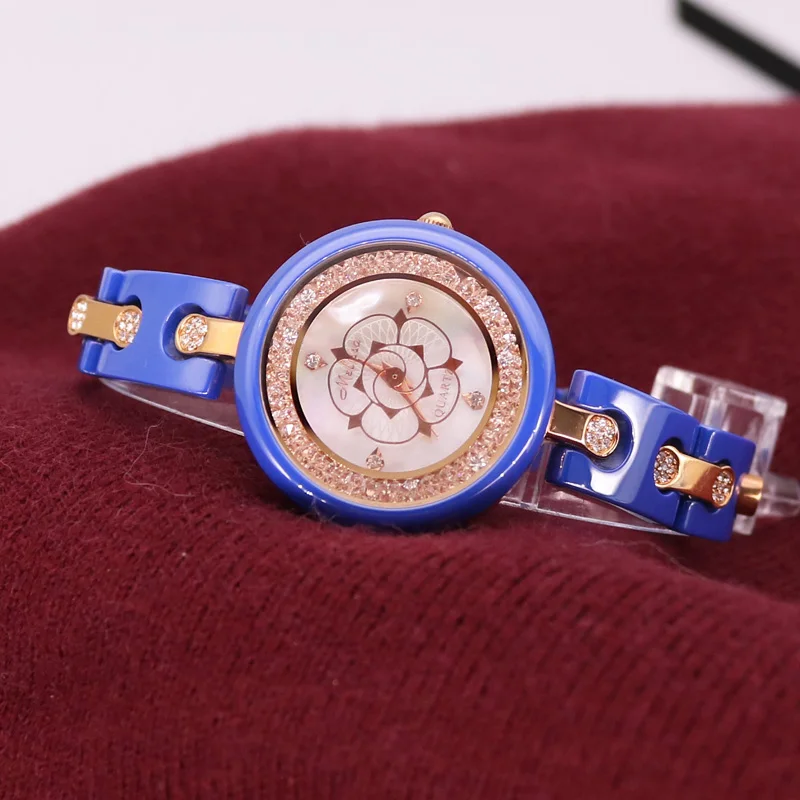 Rose Gold Blue Вращающийся цветок камелии Мелисса женские часы модный керамический браслет стразы роскошный кристалл девушка подарок на день рождения - Цвет: Rose Gold Blue