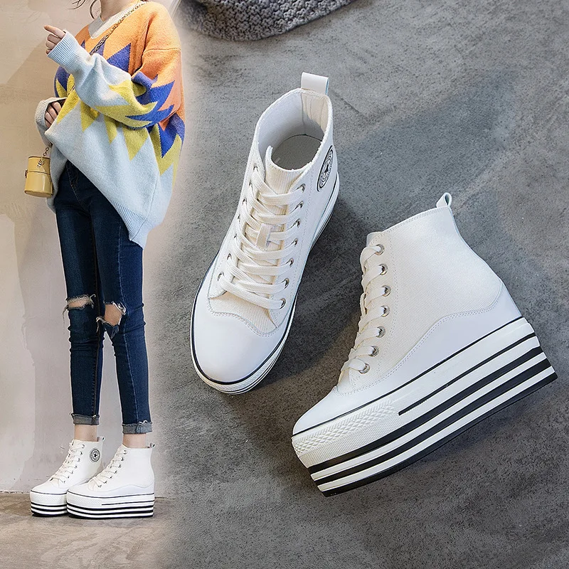 2020 Autumn High Platform Sneakers 9cm Hidden Heel Women Thick Sole Chunky Shoes Canvas Wedge Casual Shoes White Sneakers B519 - Flats AliExpress