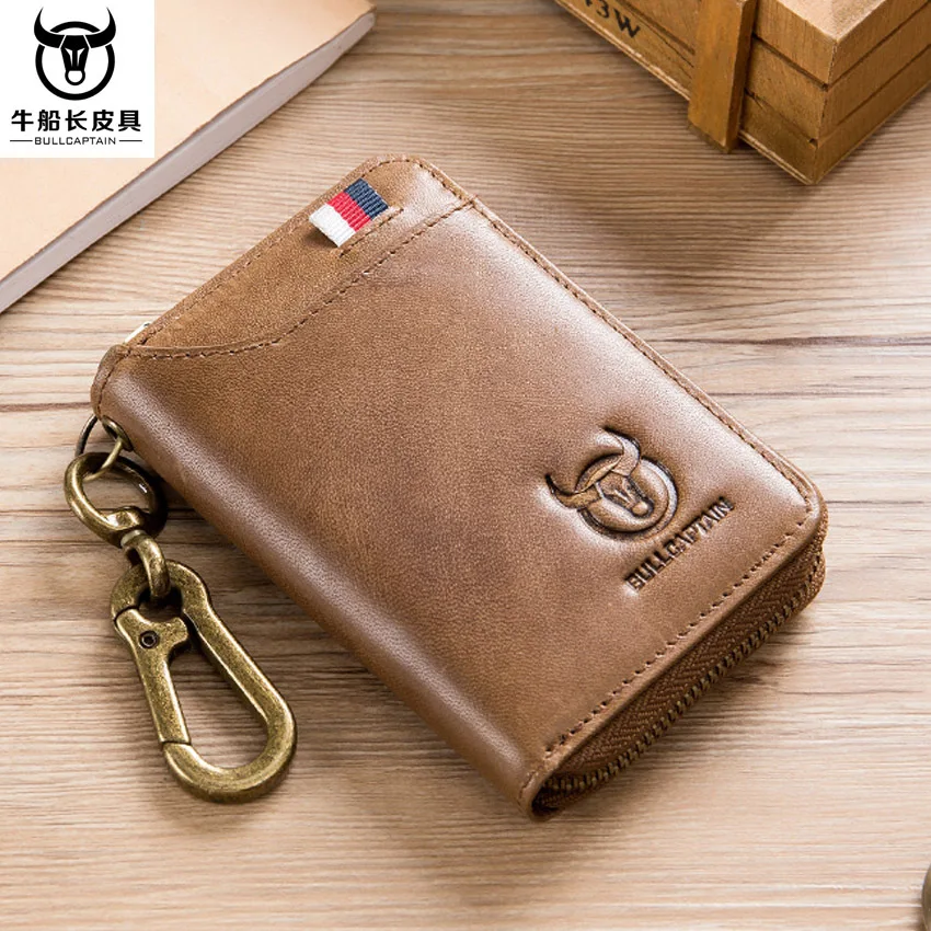 

BULL CAPTAIN Brand Genuine Leather Casual Multi-usage Men's 7 Bits Key Case Coin Bag Zipper Cardholder Wallet Men's Dollar Purse