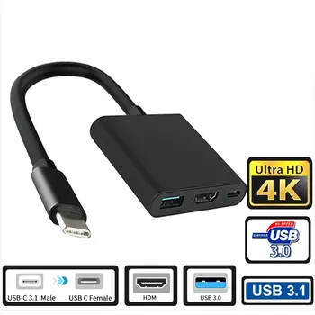 

USB-C 3.1 To 4K HDMI USB-C USB 3.0 Adapter Cable 3-In-1 Hub Ultra Fast Data Speed Fast Charging Black