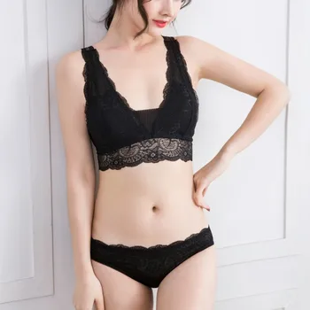 

Women Sexy Bra Top+Briefs Set Women Underwear Push Up Solid Bra Pants Seamless Sexy Lace Deep V-neck Thickening Lace HOT