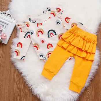 

Autumn Winter 3PCS Kids Toddler Newborn Baby Girl Clothes Set Ruffles Long Sleeve Rainbow T-shirt Tops+Pants Baby Girl Outfits