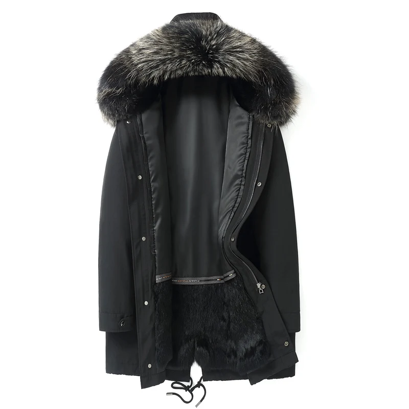 AYUNSUE/зимняя парка, пальто из натурального меха, мужская длинная куртка, подкладка из натурального кроличьего меха, меховой воротник, Abrigos Hombre Invierno 19006 - Цвет: Black