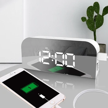 

USB Powered Digital Alarm Clock LED Mirror Snooze Table Clock Electronic Time Date Temperature Display Home Decorations Battery