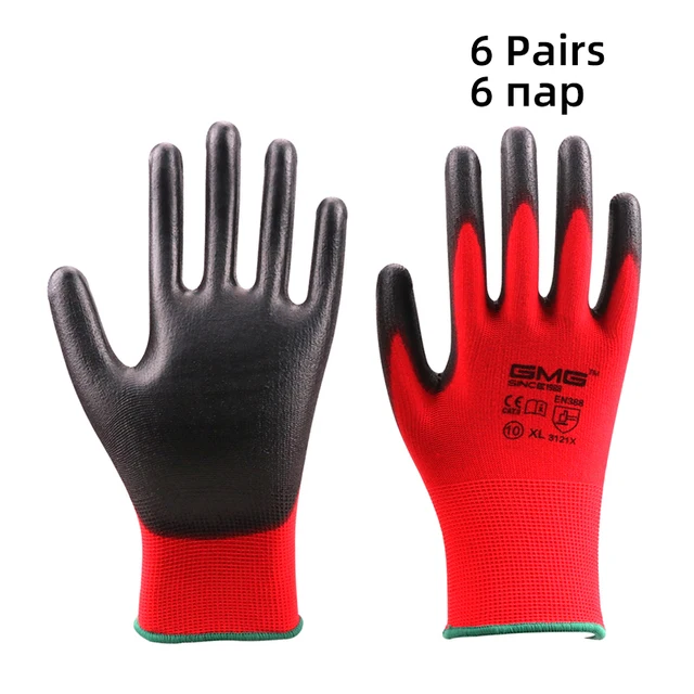 6 Pairs Work Gloves CE EN388 Red Polyester Black PU Mechanic Working Anti-static Gloves For Work Safety Glove For Women Men Red