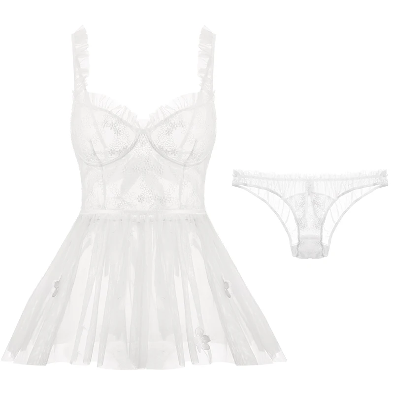 Sexy Mousse White French Sexy Young Girl Hot Perspective Petals Lace Fun Strap Nightgown Night Dress + panties 2 Sets