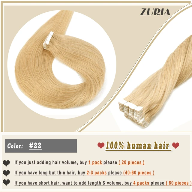 ZURIA Mini Tape In Hair Extensions Machine Remy Natural Hair Extensions Human Hair Straight 20 Inchs Seamless Adhesive Skin Weft #22