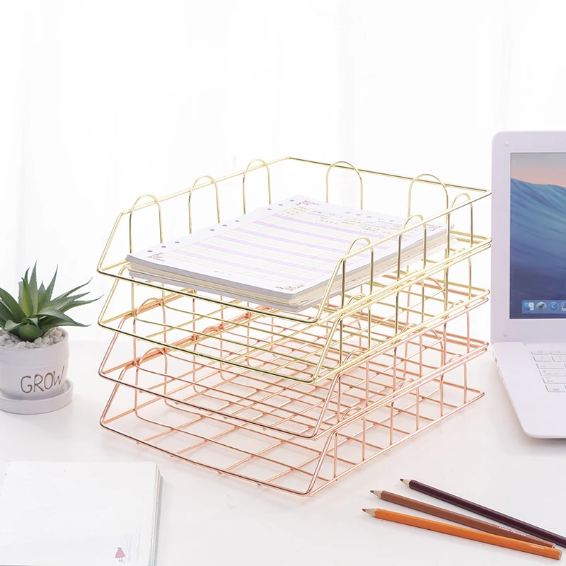 Spacrea Letter Tray Stackable Paper Tray Organizer Desk File Organizer with 1 Upper Display Shelf 4 Tier Rose Gold Desk Organizers and Accessories for Women Rose Gold