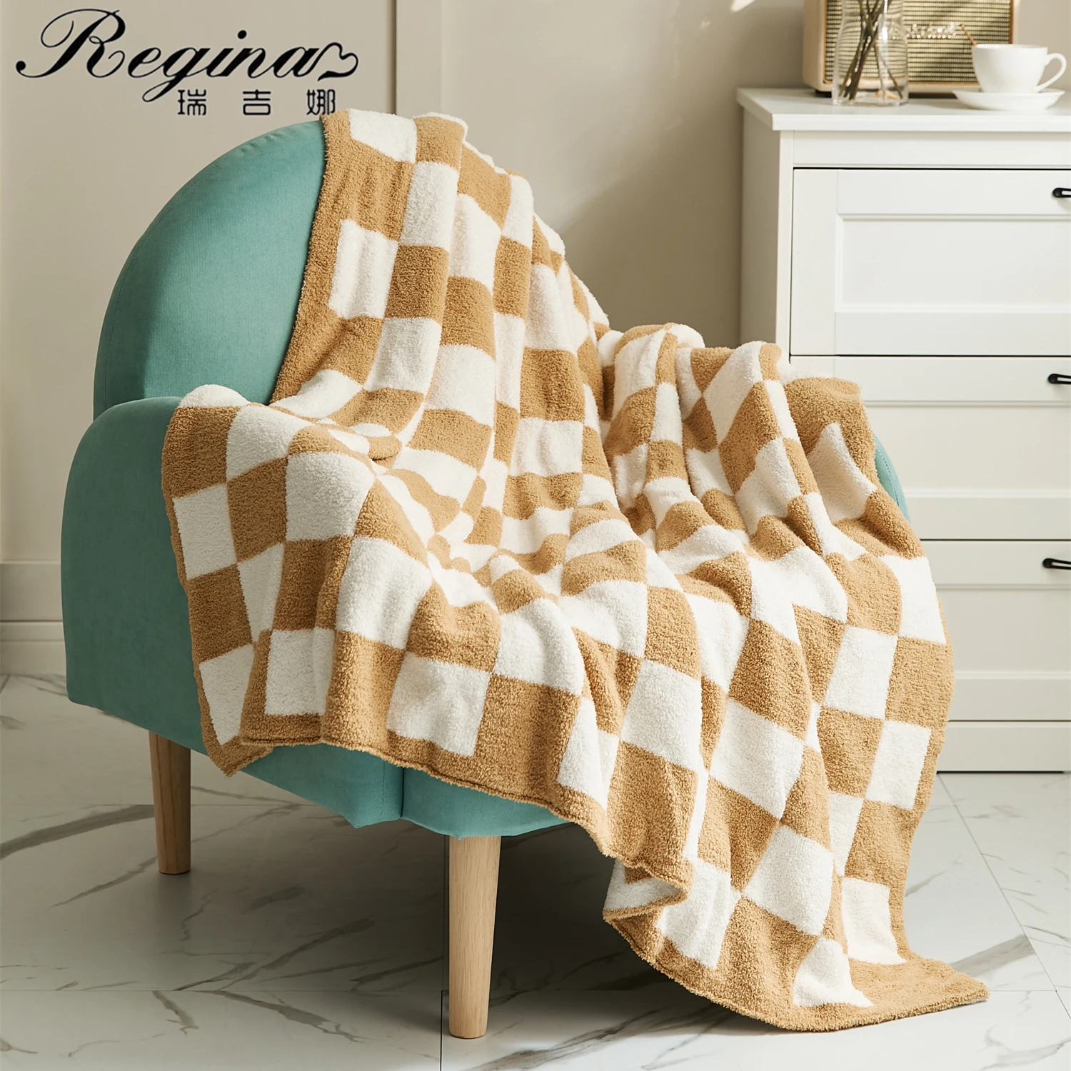 Regina Brand Downy Checkerboard Plaid Blanket Fluffy Soft Casual Sofa Tv Throw Blanket Room