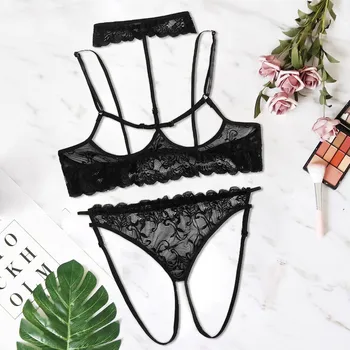 

sexy underwear women set Women Lace Plus Size V-Neck Hollow Bra + Thong Set Pajamas Lingerie Sleepwear#40