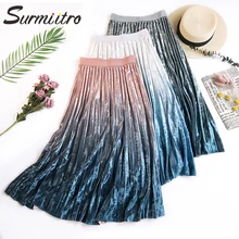 SURMIITRO Warm Velvet Midi Skirt Women Autumn Winter Korean Pink Gradient Ladies High Waist Pleated Long Skirt Female